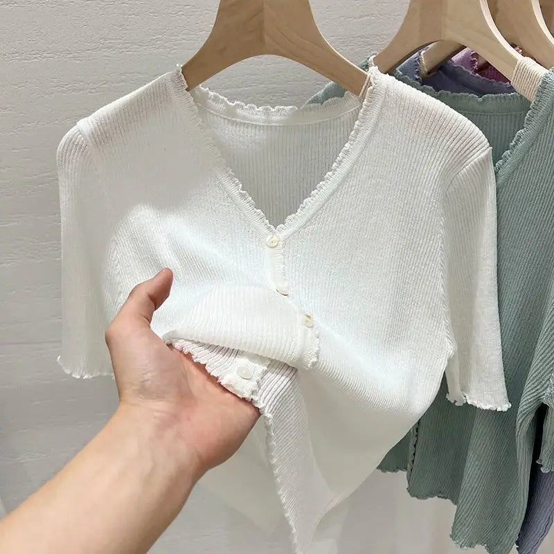Women Clothing Chic V-neck Pleated Edge Short Sleeve T-shirt Summer Casual Loose Solid Knit Cardigan All-match Short Button Tops