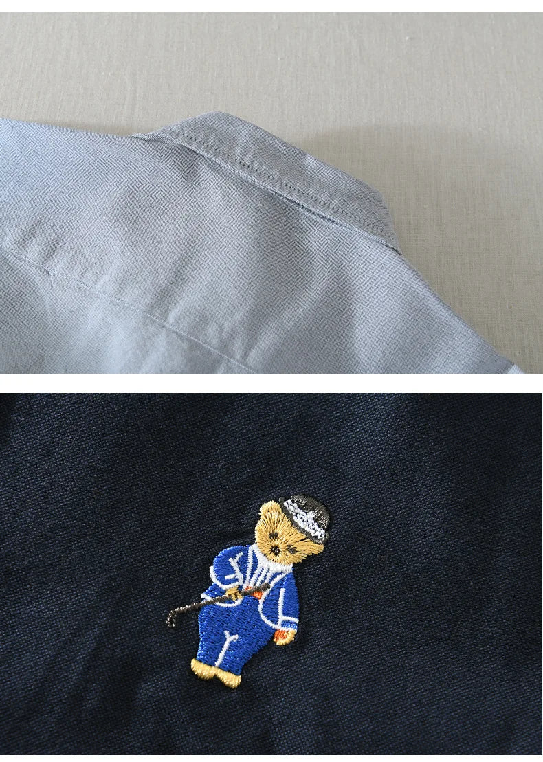 100% Cotton Shirts For Men Cartoon Bear Embroidery Korean Fashion Casual Long Sleeve Shirt 2024 Spring Loose Fit Mens Clothing