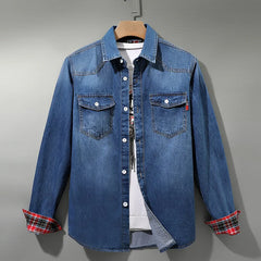 Denim Shirt Men Cotton Jeans Shirt Fashion Autumn Slim Long Sleeve Cowboy Shirt Stylish Wash Slim Tops Asian Size 4XL