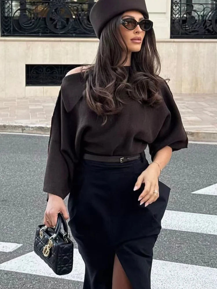 Women Knitted Pullover Chic Lapel Collar Vintage Oversize Short Sleeve Knitwear Casual Solid Ladies Elegant knit Sweater