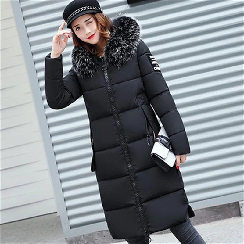 2025 Streetwear Winter Long Parkas Women's Cotton-padded Jackets Fur Collar Hooded Coats Thick Warm Outerwear Lady Slim Overcoat
