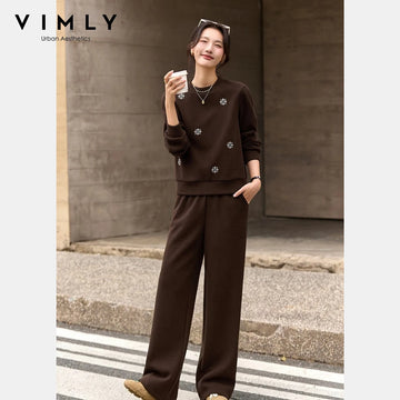 VIMLY Two Pieces Set Woman Winter 2025 Casual Embroidery Sweatshirt Wide Leg Pants Fleece Lined Knitted Women Clothes Sets A3288