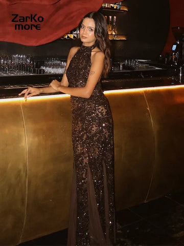Sexy Halter Sequined Mesh Patchwork Long Dress Women Sleeveless Backless Mermaid Party Dresses Femmes 2026 Spring Evening Gowns