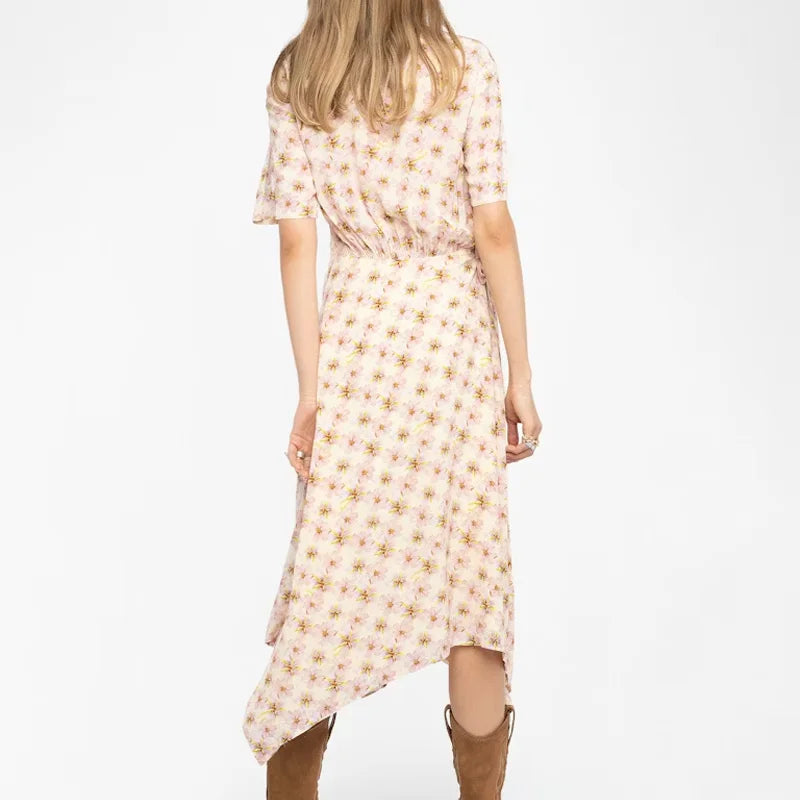 Pink Yellow Short Sleeve Dress Female Floral V-Neck Jupe Lady Summer Thin Long Robes Zadig Women Dresses Wing Embroidery Jupes