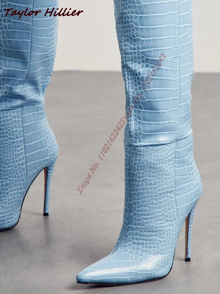 Autumn New Blue Snake Pattern Women'S Boots Pointed Toe Stiletto Slip-On High Heel Boots Fashionable Temperament Knee-High Boots