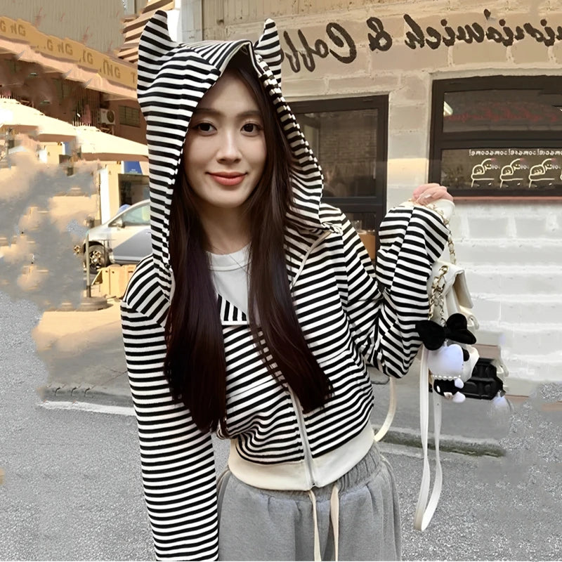 Cat Ears Striped Hoodies Women Spring Clothing Harajuku Girl Zipper Cardigan Hooded Sweatshirt Female Short Zip-Up Tops