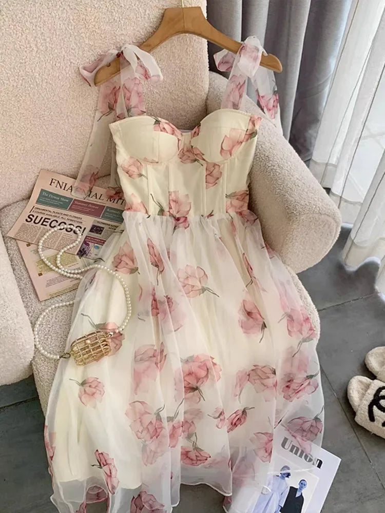 Summer White Mesh Fairy Dress Woman French Vintage Floral Print Princess Prom Dresses For Women Beach Holiday Maxi Dresses 2023