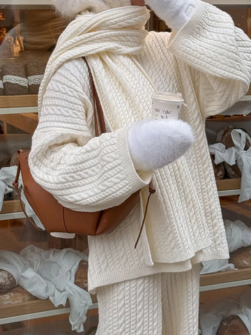 Vintage Simple Knitted Tops&Pants Sets Autumn Winter New Women's Warm Commute Outfits Elegant Long Sleeve Loose Two Piece Sets