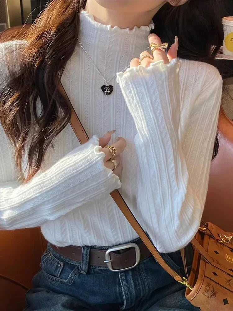 Autumn Women's Knitted Pullover Sweater Sweet Solid Ruffles Half High Neck Long Sleeved Shirt Casual Slim Fit Knitwear