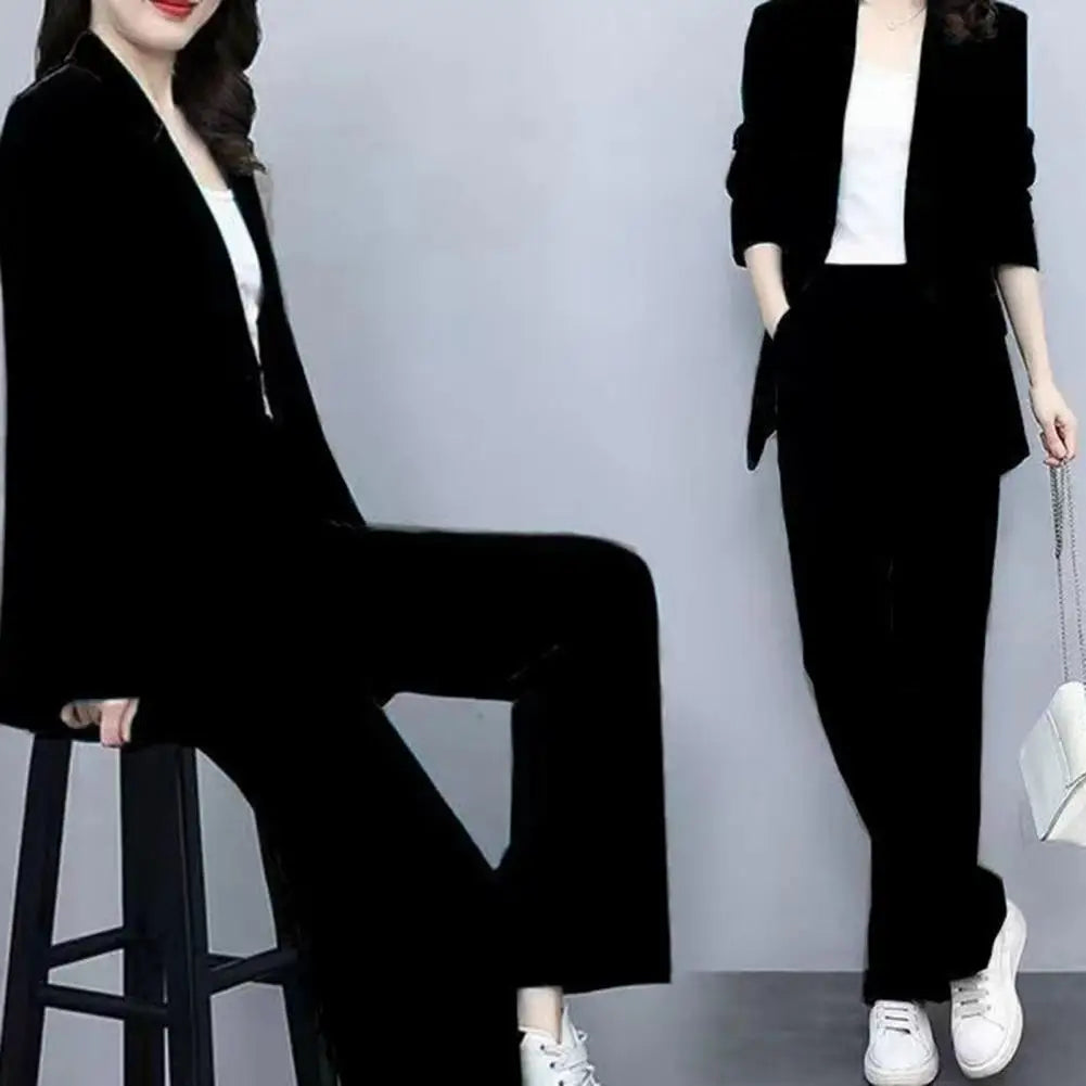 Elastic Waist Pants Suit Elegant Women's Business Suit Set with Lapel Button Closure Cardigan Wide Leg Trousers Formal for Plus