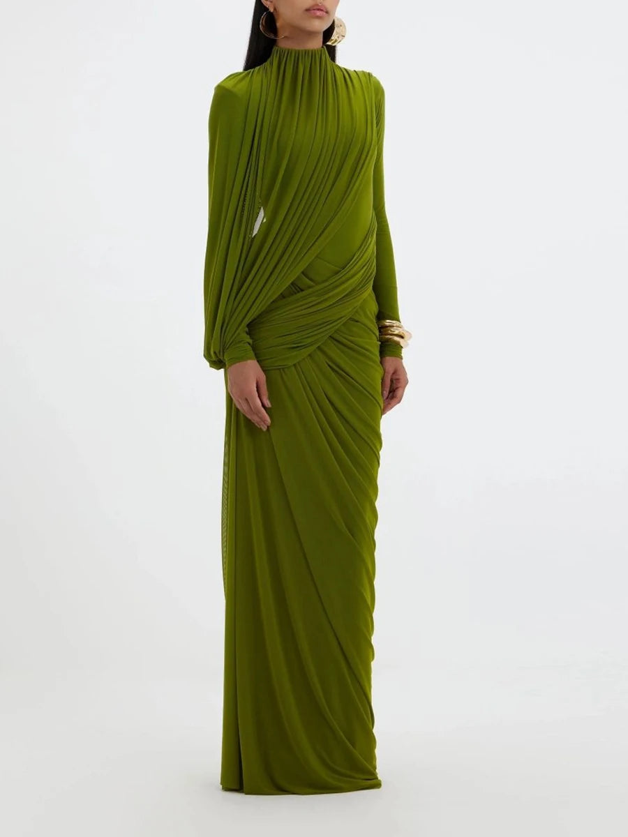 VGH Elegant Vintage Spliced Ribbon Dresses for Women Turtleneck Long Sleeve Irregular Folds Evening Luxurious Maxi Dress Female