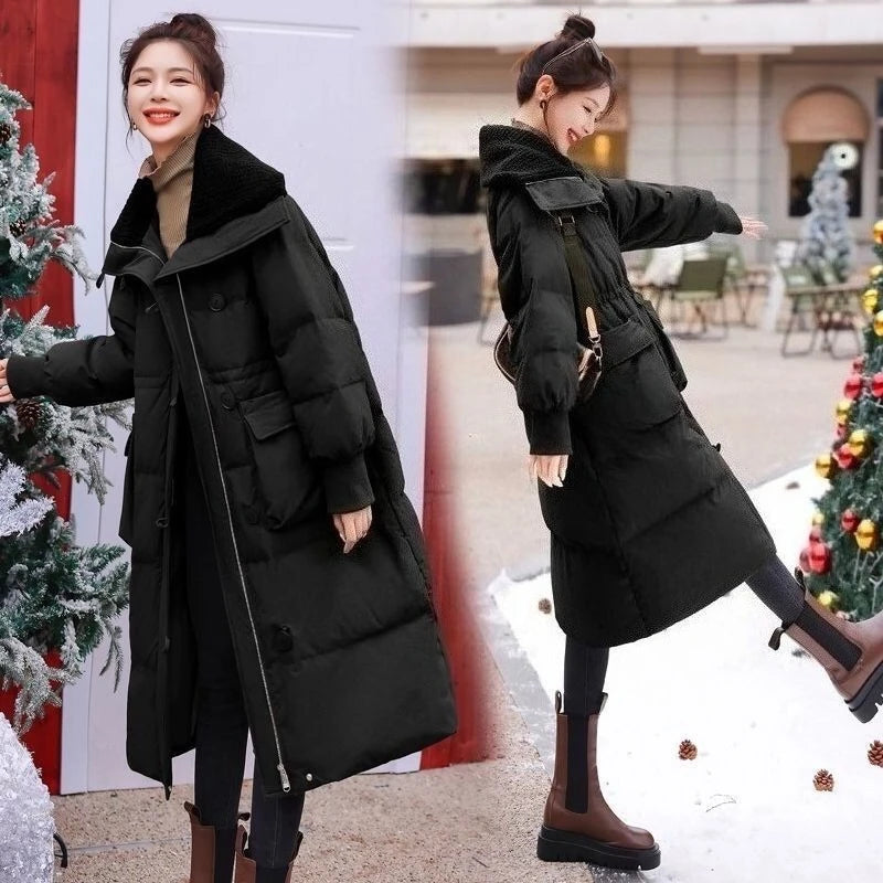 Women's Winter Thickened Long Sheepskin Lamb Fur Collar Down Cotton Padded Coat European Style Plus Size Outerwear