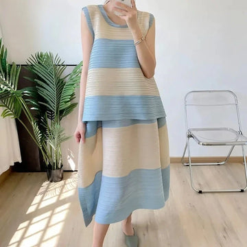 Fold Miyake Pleated Two Piece Sets Stripe Collision Color Women Loose Top Elastic Waist Skirt New Tide 2025 Spring