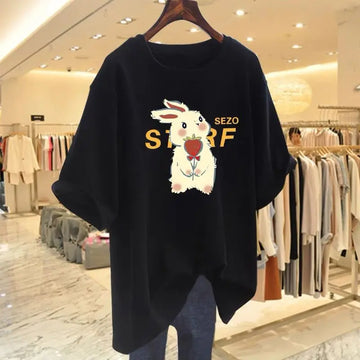 Women's Clothing Sweet Rabbit Print Pure Cotton T-shirt Summer Casual Loose O-neck Short Sleeve Top Tee All-match Basic Pullover