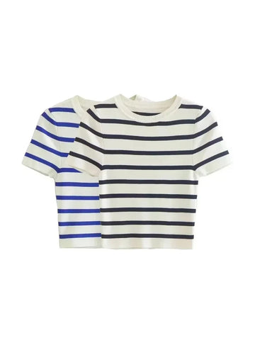 Women Fashion Striped Basic Cropped Knit Sweater Vintage O Neck Short Sleeve Female Pullovers Chic Tops