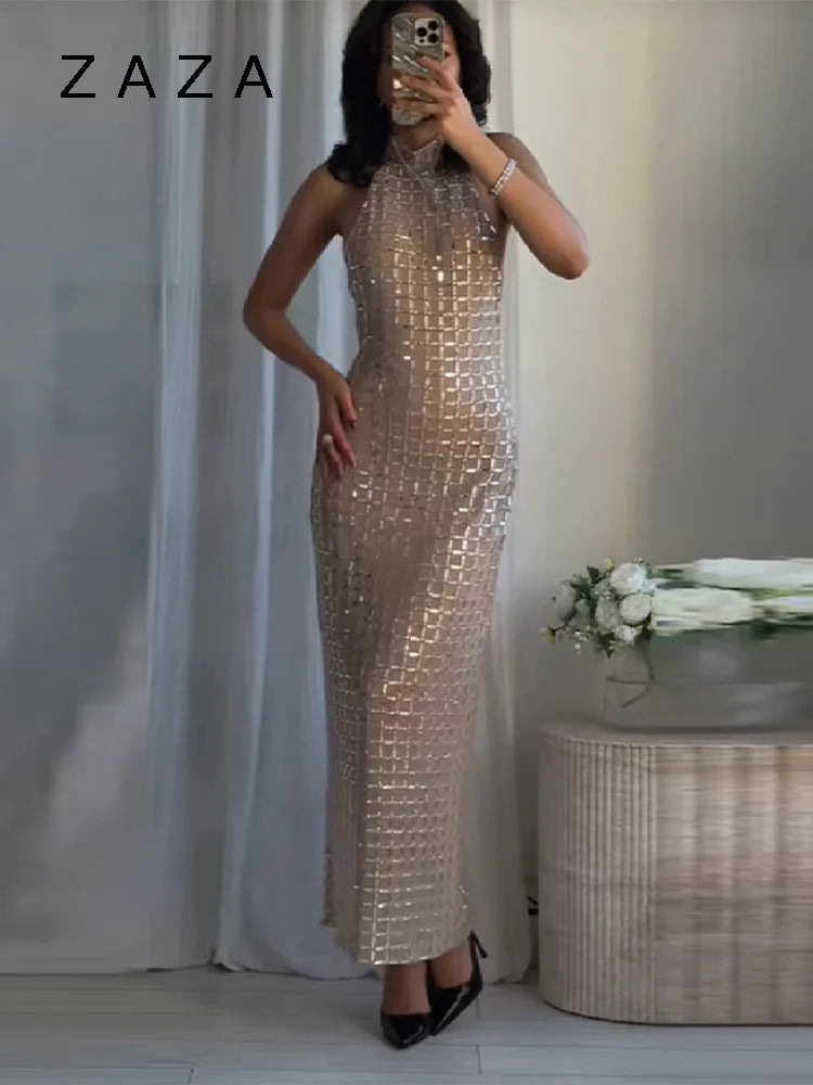 Zaza Chic Elegant Shinny Luxury Party Maxi Dress High Neck Sleeveless Slim Fit Long Robes 2025 New Lady High Street Dresses