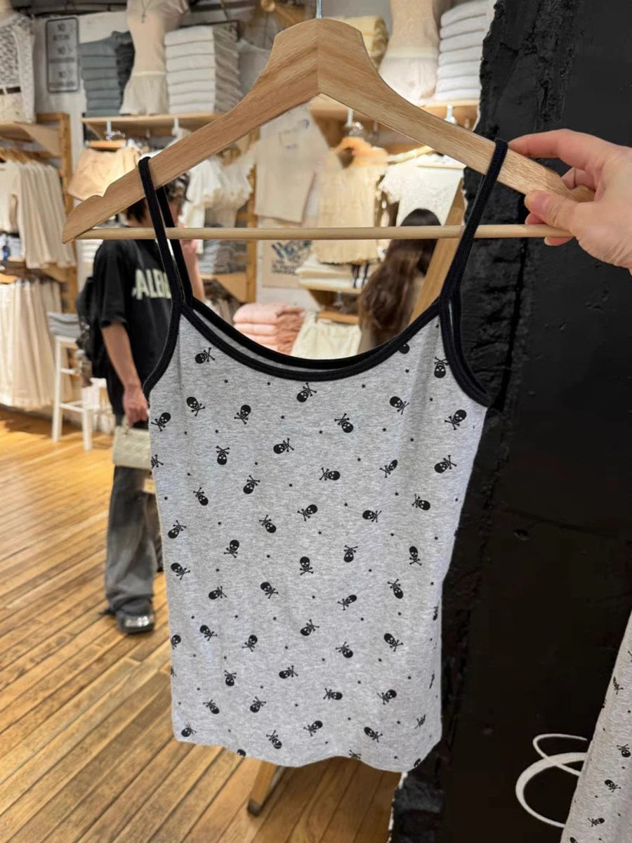 Skulls Print Cotton Vest Shorts 2 Pieces Set Women Summer Slim Tank Tops With Straight Short Pant Vintage Gray Home Pajama Sets