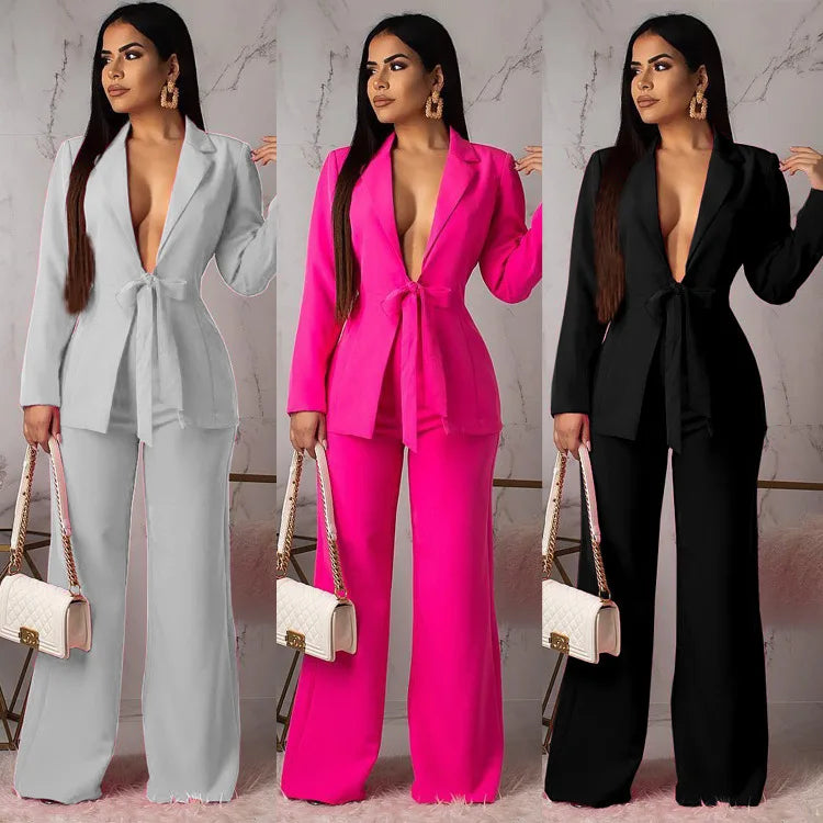 Suit Womens Set Long Sleeved Formal Single Button Suit Women's Spring Autumn Elegant Suit Suit Jacket Wide Leg Pants 2-piece Set