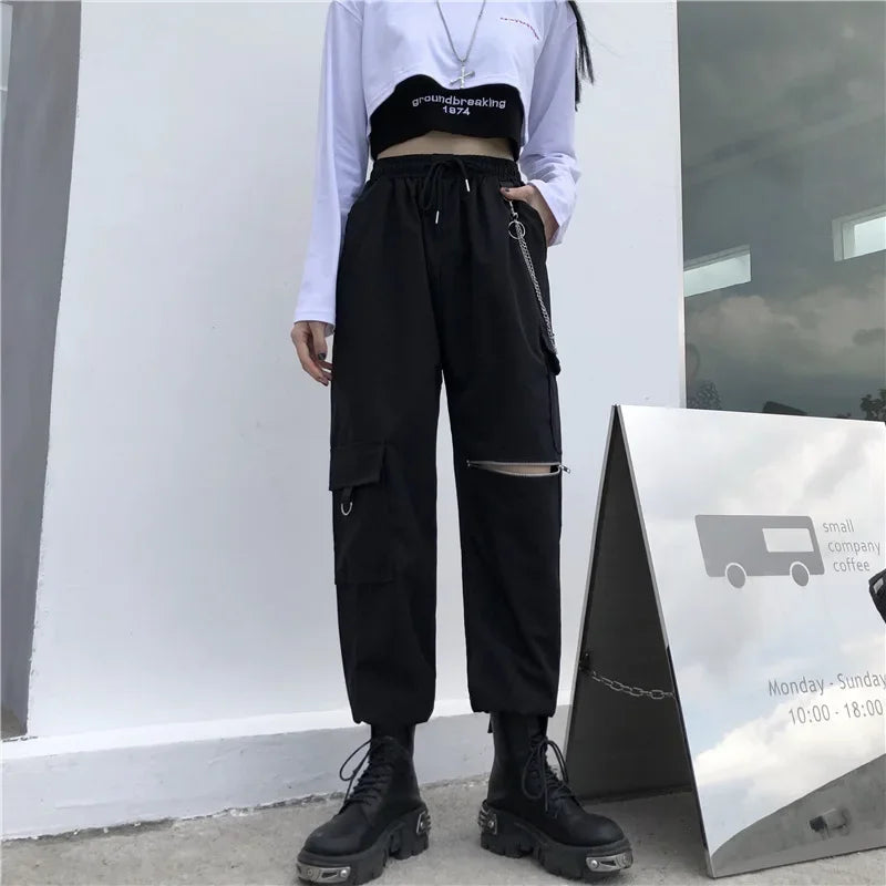 2025 Fashion Jogger 3 Piece Sets Women New High Waist Cargo Pants with Chain Streetwear Casual Hip Hop Long Sleeve Crop Tops