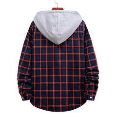 Casual Plaid Hooded Shirts Oversized Men'S Clothes European American Style Handsome Holiday Checked Outwear Splicing Hoodie