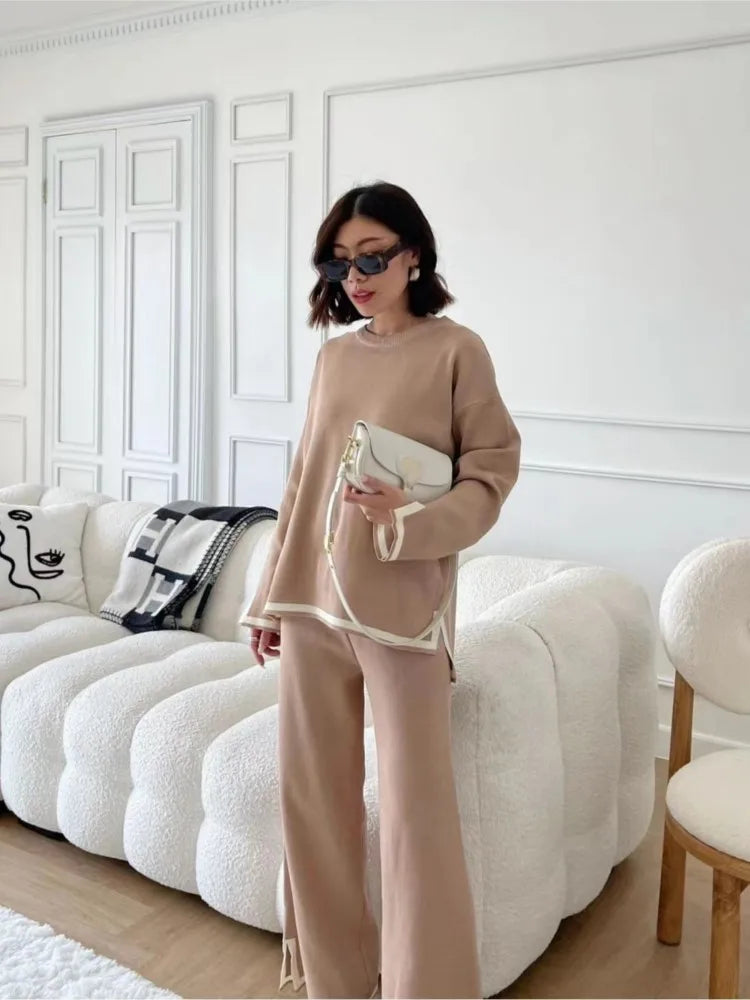 Fashion Color Matching Knitted Pant Sets Women Loose Long Sleeve Knitting Sweater Slit Wide Legs Trousers Two Piece Set Female