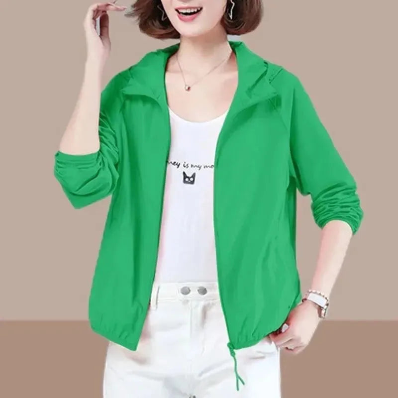 Women Thin Sun Protection Clothing 2025 Summer New Casual Hooded Windbreaker Long Sleeve Female Pocket Zipper Loose Outwear T981