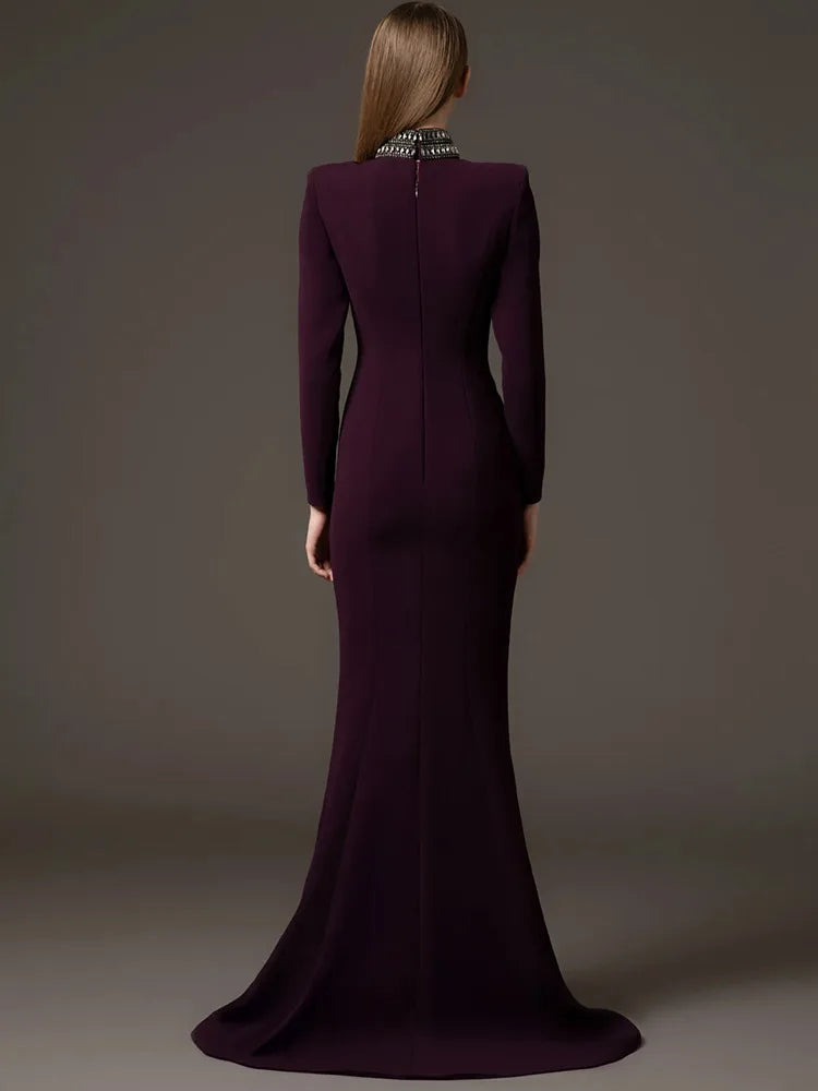 HIGH STREET Newest Fashion 2026 Designer Party Women's Short Sleeve Stand-up Collar Luxurious Diamonds Beaded Long Maxi Dress