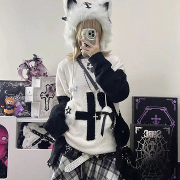 Harajuku Punk Pullovers Y2k Tops Women Clothing Contrast Color Casual Fashion Jumper Streetwear Casual Fahsion Knitted Sweater