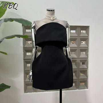 KBQ Solid Backless Spliced Zipper Evening Dresses For Women Strapless Sleeveless High Waist Minimalist Dress Female Fashsion New