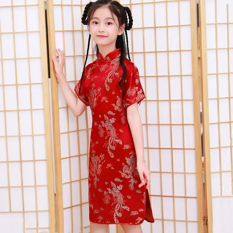 Summer Modern Cheongsam Children Girls Dresses Baby Fashion Kids Clothes Chinese Style Girl Dress Vestidos Casual Qipao Costumes