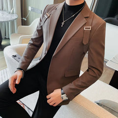 2024 Autumn Winter New Strap Decoration Suit Jacket for Men Fashion Slim Casual Business Blazers Groom Wedding Social Tailcoat