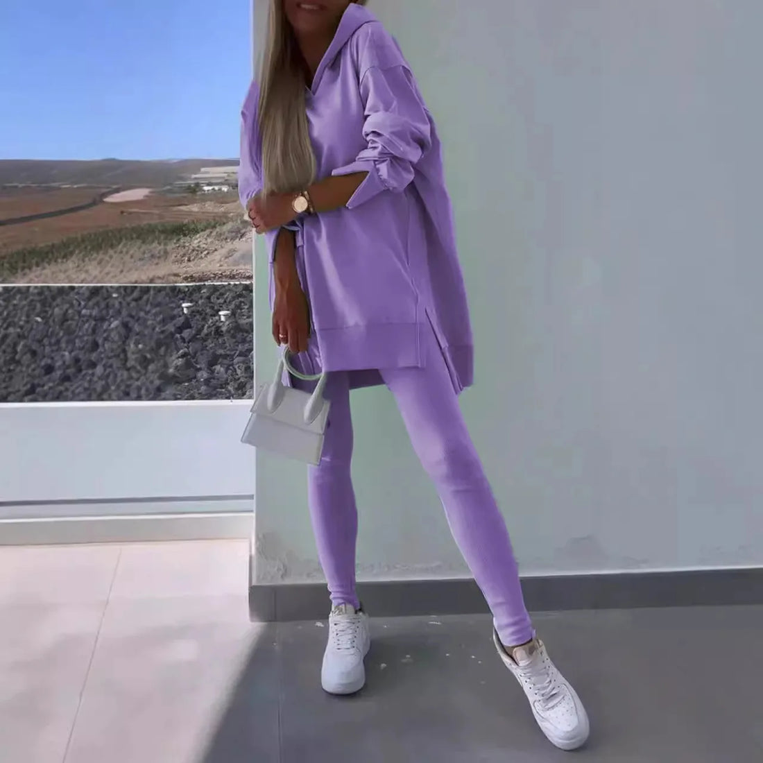 Fashion Autumn Winter Solid Color Two Piece Set Women Hooded Long Sleeved Sweatshirt Tight Pants Casual Two Piece Set 2025