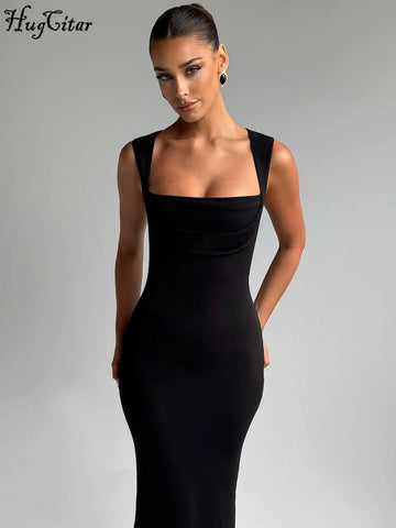 Hugcitar Women Elegant Solid Square Collar Straps Sexy Bodycon Maxi Prom Dress Summer Women Y2K Clothes Evening Party Birthday