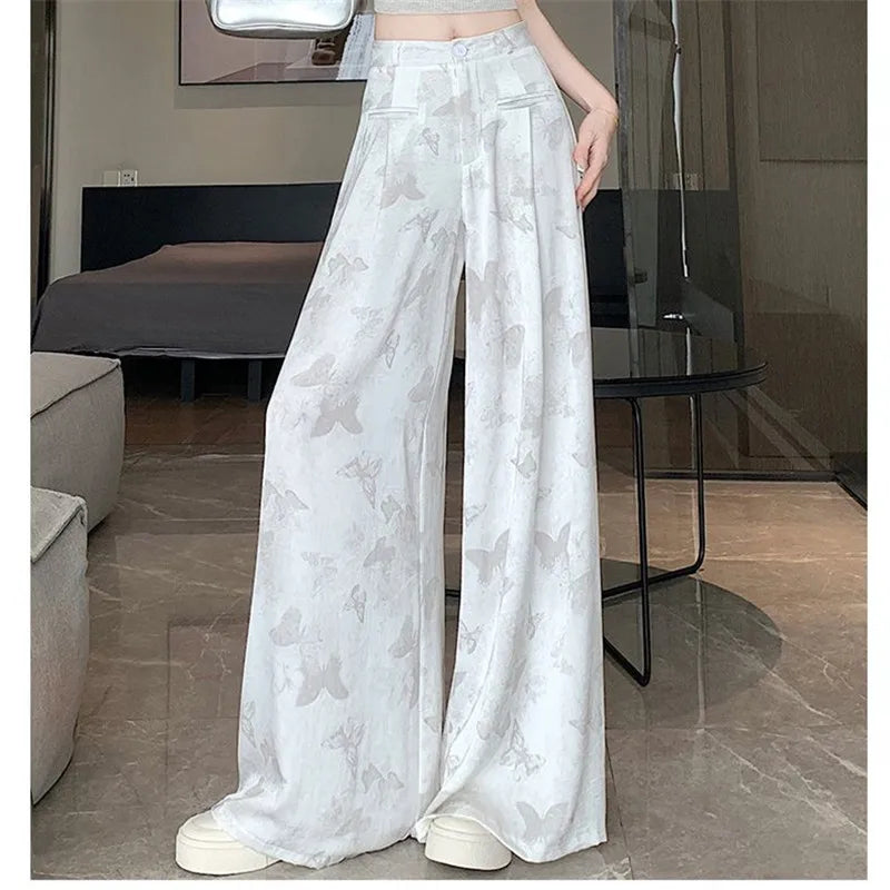 Spring Summer New Fashion Satin finish Wide-leg Pants Female Vintage Jacquard Trousers High Waist Ladies Straight Pants T1296