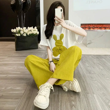 Women's Casual Sports Suit Summer New Loose And Fashion Short Sleeved Tops Wide Leg Pants Two Piece Set For Women Spring Autumn