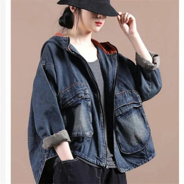 Women Vintage Jeans Jacket Loose Korean Long-Sleeved Female Short Denim Coat Female Spring Autumn New Hooded Cowboy Outwear T908
