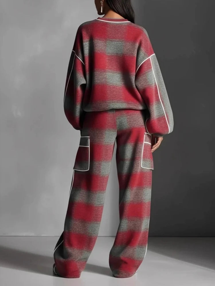 Retro Contrast Plaid Print Sportswear Set Woman Casual O Neck Top Sweatshirt+Wide Leg Pants Outfit Spring Long Sleeve 2pcs Suits
