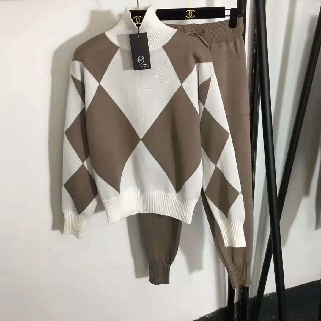 New Two-piece Women's Sweater Sportswear Autumn Winter Splicing Half High neck Pullover top+Knitted Harem pants set Female
