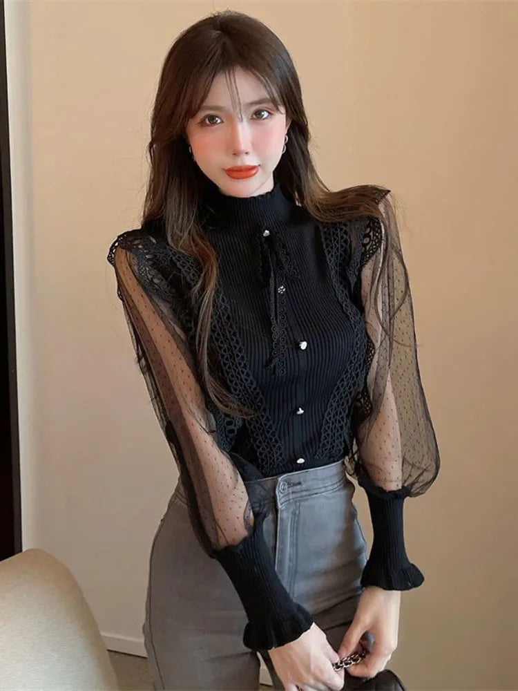 Zoki Fashion Mesh Patchwork Sweaters Women Casual Long Sleeve Slim Sweet Knitted Jumpers Fall Korean Elegant Mock Neck Pullovers