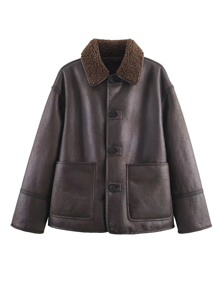 HH Woman Fashion Casual Street Style Jackets Women Lapel Single Breasted Pocket Decoration Coat Long Sleeve Winter Warm Jacket