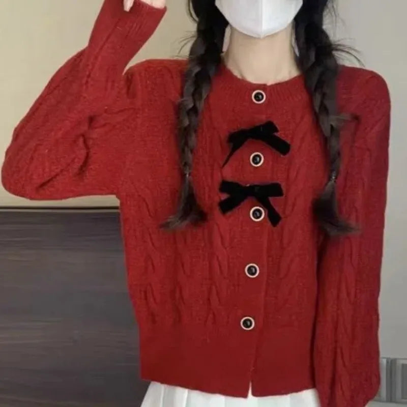 Women's Clothing O-Neck Solid Color Button Lantern Long Sleeve Screw Thread Cardigan Bow Sweater Knitted Flattering Chic Tops