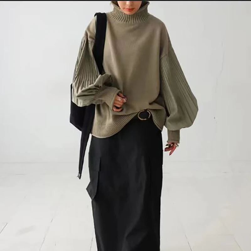 2025 Winter Women Stylish Sweater Turtleneck  Patchwork Casual Loose Pullover Lantern Sleeve Ladies' Sweater