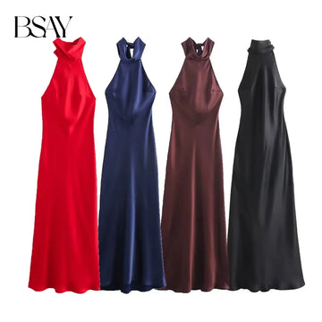 BSAY Dress for Women Fashion 2024 Autumn New Bow Sexy Backless French Elegant Halter Neck Satin Texture Midi Dresses
