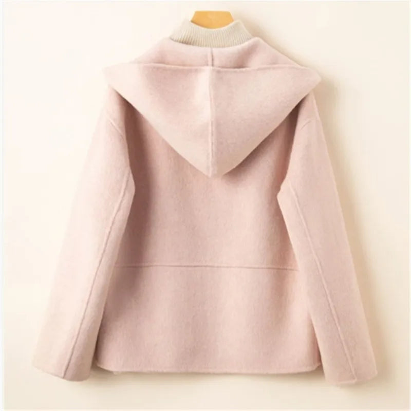 Autumn Winter 2025 New Solid Color Hooded Short Woolen Coat Women Fashion Double Cashmere Wool Jacket Female Slim Outerwear T863