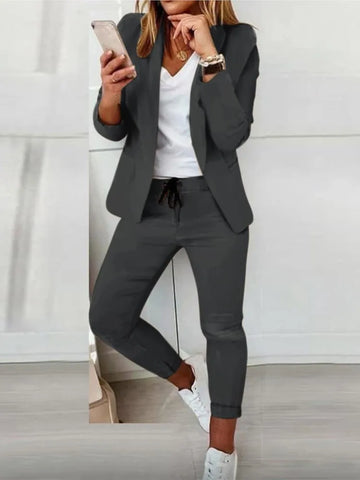 Fashion Suit Coat 2 Piece Sets For Women Elegant Office Womens Clothing Solid Long Sleeve Tops+Long Pants Sets Outfits Lady New