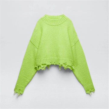 Women Fashion Stand Collar Solid Color Broken Hole Design Short Sweater Female Green Long Sleeve Pullovers Chic Tops