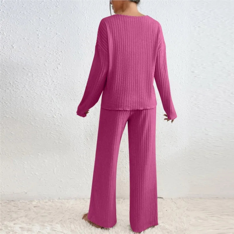 Women's Black Two-Piece Set Autumn New Fashion Casual V-neck Pit Strip Pants Set Solid Ribbed Loungewear Ladies Clothing