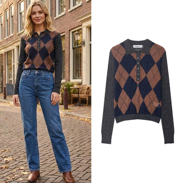 Willshela Women Fashion Argyle Plaid Front Button Knitted Pullover Sweater Vintage Lapel Neck Long Sleeves Female Chic Lady Tops
