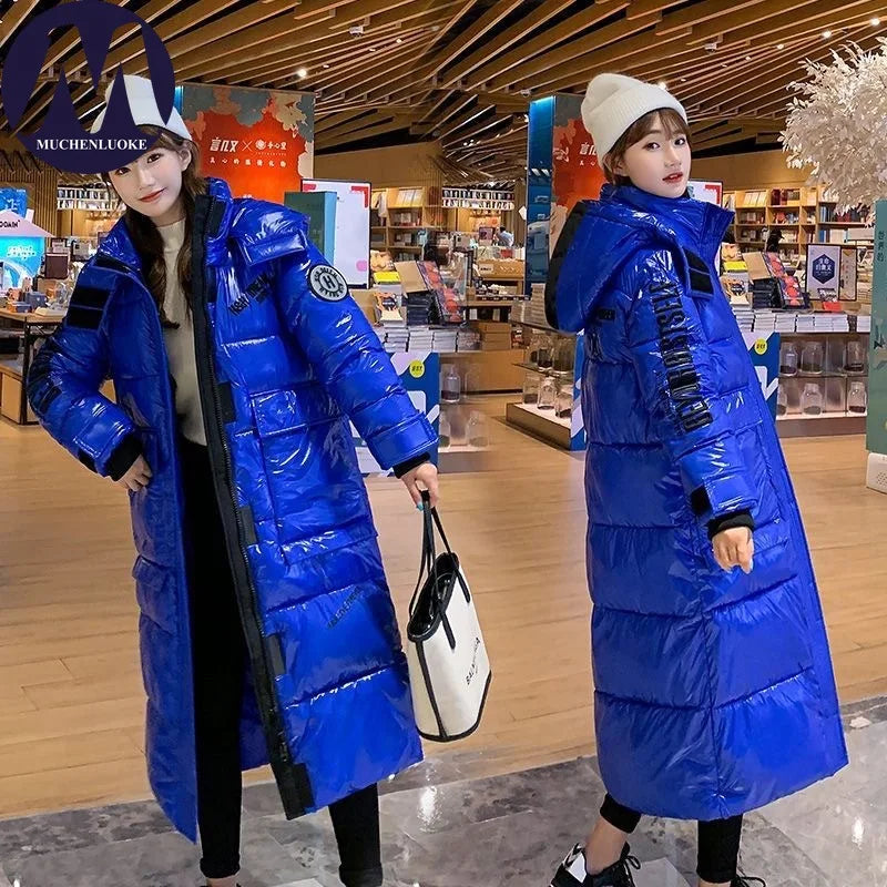 Women's Glossy Surface Hooded Jacket, Thick, Warmth Coat, Long Parkas Casual, Loose, No-Rinse, Korean Fashion, Winter, New, 2022