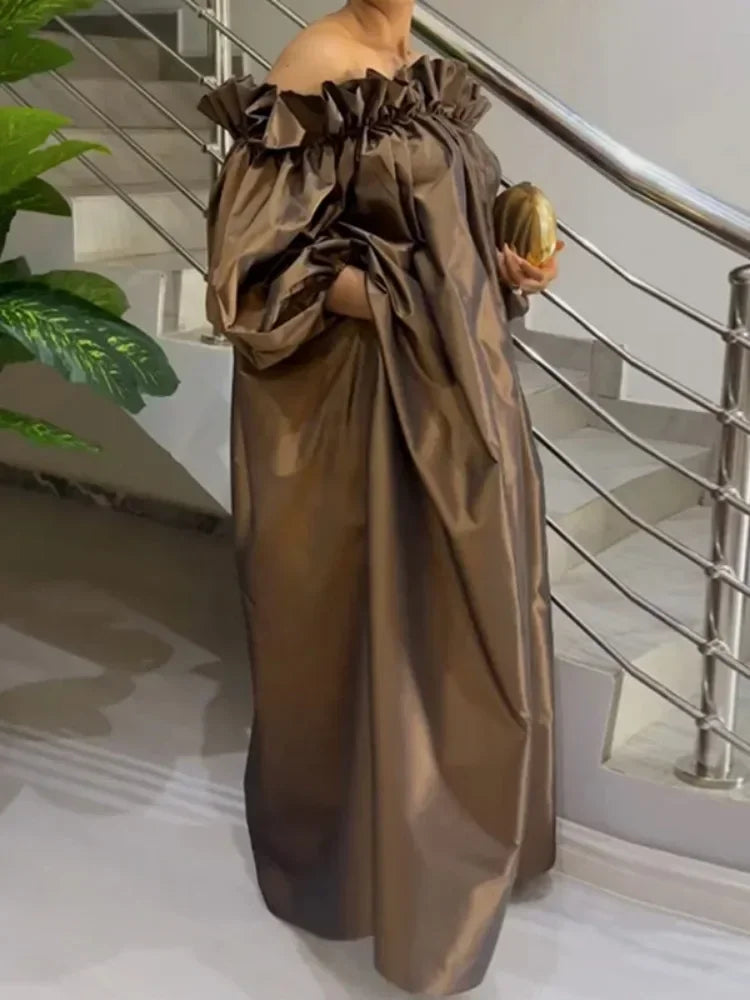 Women Fashion Falbala Elegant Evening Maxi Dresses  New Spring Puff Sleeves Pleated Off-The-Shoulder Party Prom Dress